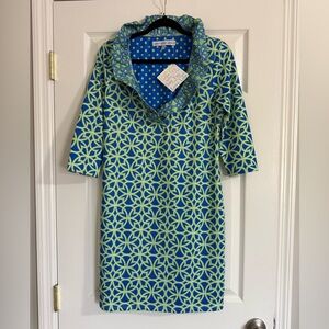 Gretchen Scott ruffle neck Blue and Green geometric pattern dress new nwt